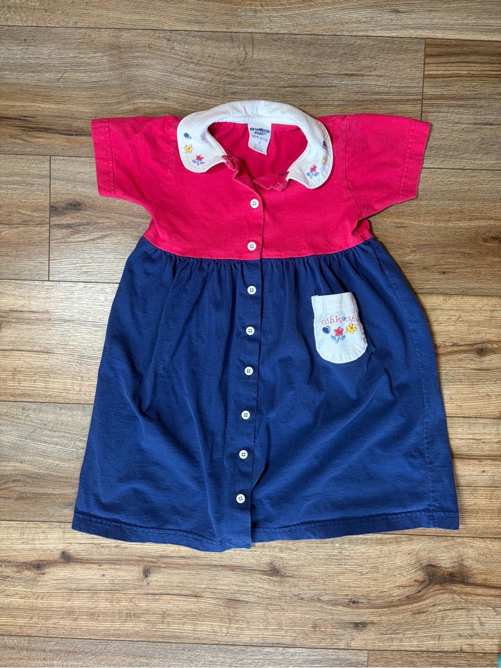 Vintage 90s OshKosh B'gosh Colorblock Dress Pink Blue Embroidered Collar Pocket